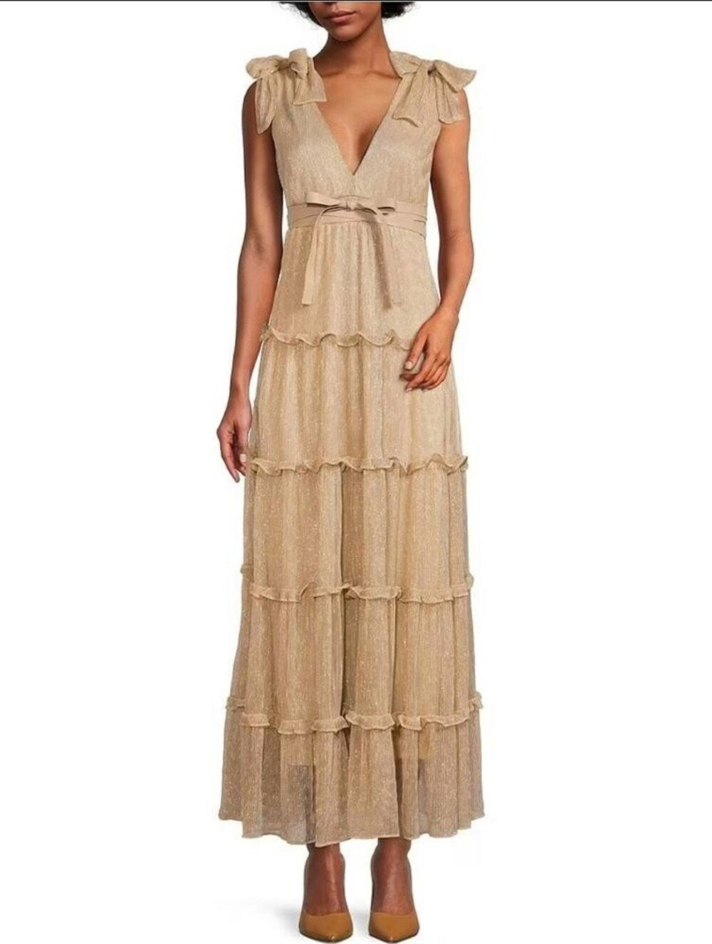 A Loves A Metallic gold Crepe formal dress Sleeveless Deep V-Neck maxi womens XS